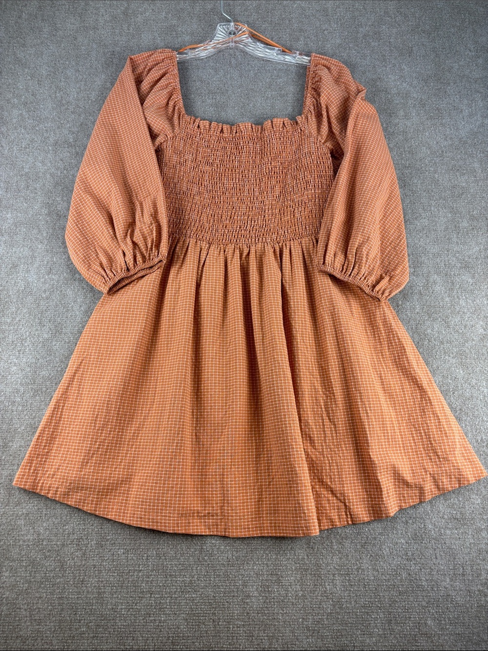 Lost + Wander Rust-Check Smocked Bodice Puff 3/4 Sleeve Mini Dress‎ Size S NWT
